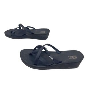 Teva Mush Black Wedge Sandals Comfort Platform Thong Strappy Flip Flop Women's 8